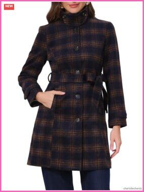 Vintage Plaid Peacoat Stand Collar Tailored Slim Fit Trench Coat